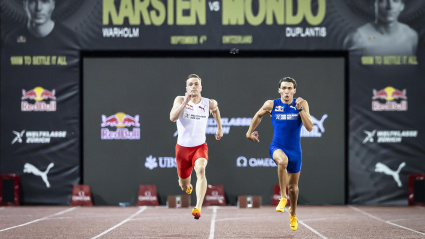 Armand Duplantis compite contra Karsten Warholm en 100 metros.