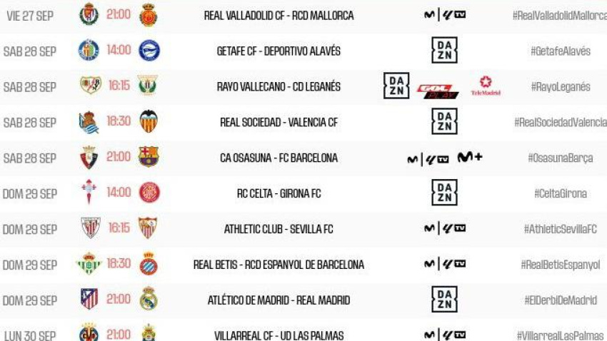 Estos son los horarios de la 8ª jornada en Primera