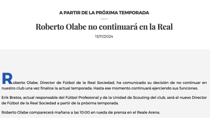 Comunicado oficial de la Real Sociedad