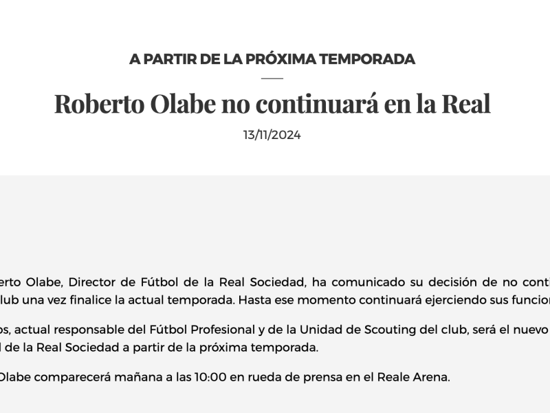 Comunicado oficial de la Real Sociedad