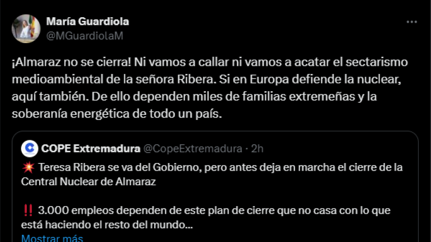 Publicación de María Guardiola en la red social X