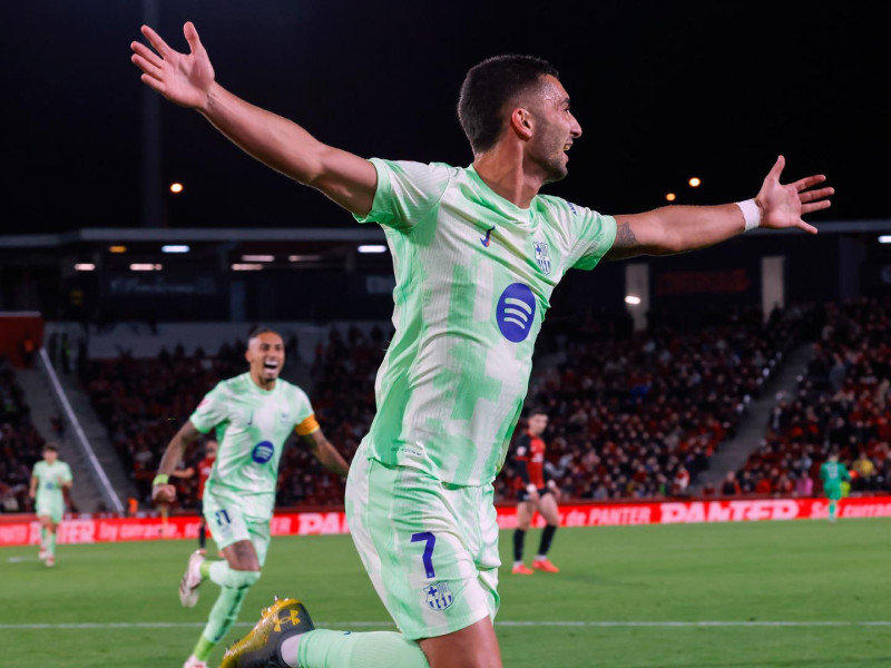 Ferran celebra el primer gol del Barcelona en Son Moix frente al Mallorca, en el partido adelantado de la jornada 19 de LaLiga