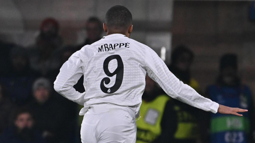 Mbappé celebra el gol del Real Madrid al Atalanta