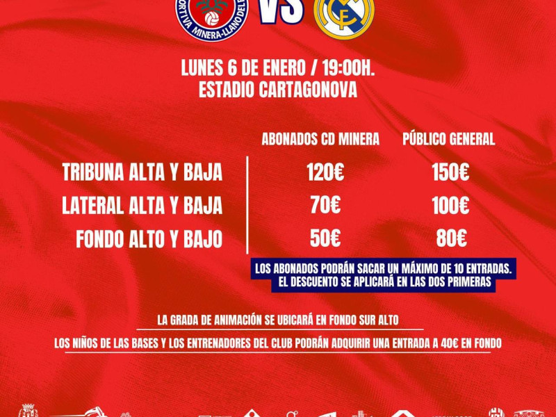 El partido entre la Deportiva Minera y el Real Madrid se disputará en el Cartagonova.