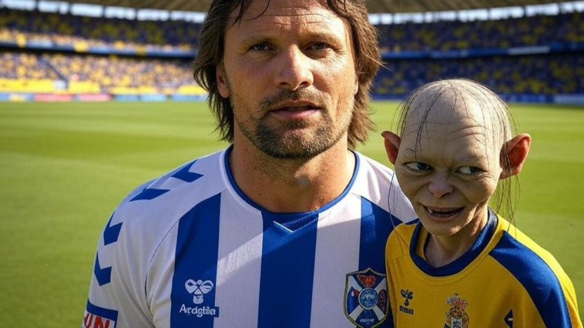 Aragorn y Gollum vistiendo las camisas de los equipos canarios