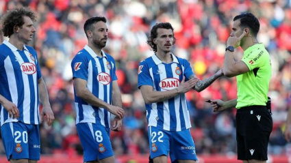 Los jugadores del Espanyol hablando con Quintero González durante el Mallorca-Espanyol