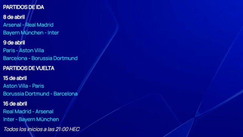 Fecha y horarios de los partidos de cuartos de final de la Champions 2024/2025.