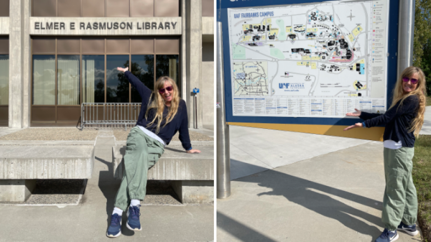 María Gracia Torres en la biblioteca y el campus de la Universidad de Fairbanks de Alaska