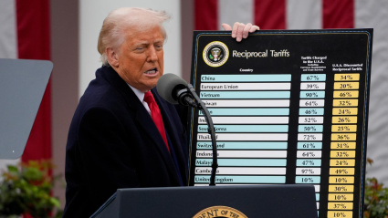 Donald Trump sostiene la tabla con los aranceles