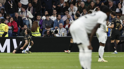 Hugo Duro celebra su gol en el Real Madrid-Valencia