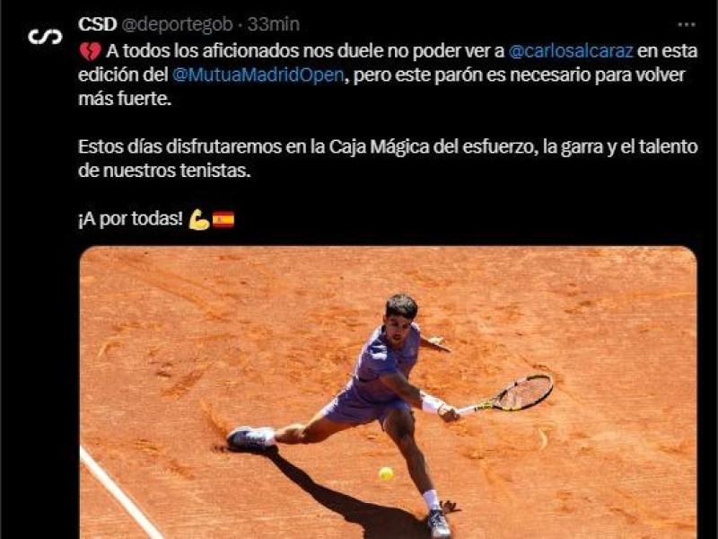 El CSD anunciaba a través de su cuenta de Twitter la ausencia de Alcaraz en Madrid.