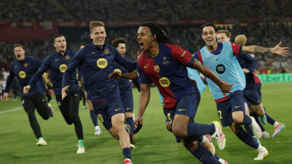 Koundé celebra el gol de la victoria del Barcelona en la final de la Copa del Rey contra el Real Madrid