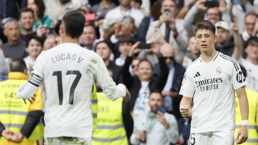 Arda Güler celebra después de marcar el 1-0 ante el Celta en el Bernabéu.