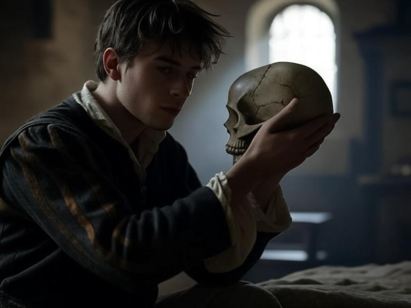 En ningún momento Hamlet recita su famoso "ser o no ser" con una calavera en la mano.