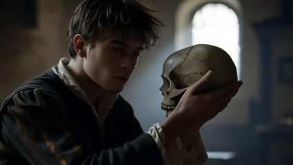En ningún momento Hamlet recita su famoso "ser o no ser" con una calavera en la mano.