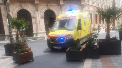 Ambulancia parada frente a las jardineras que separan la calle peatonal