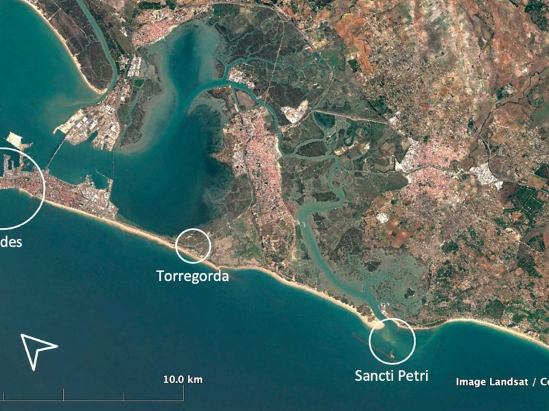 Mapa de la isla de Cádiz, con localizaciones de la antigua Gades, Torregorda, donde pudo situarse el “ídolo” de Cádiz, y Sancti Petri