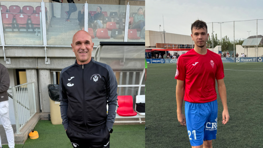 Paco Jurado, entrenador del Pulpileño y José Sánchez, defensa del Santomera.