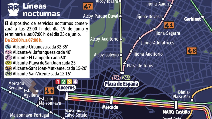 Estas son las líneas especiales de autobús para Hogueras.