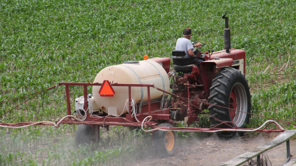 Un agricultor echando insecticida en sus campos de cultivo