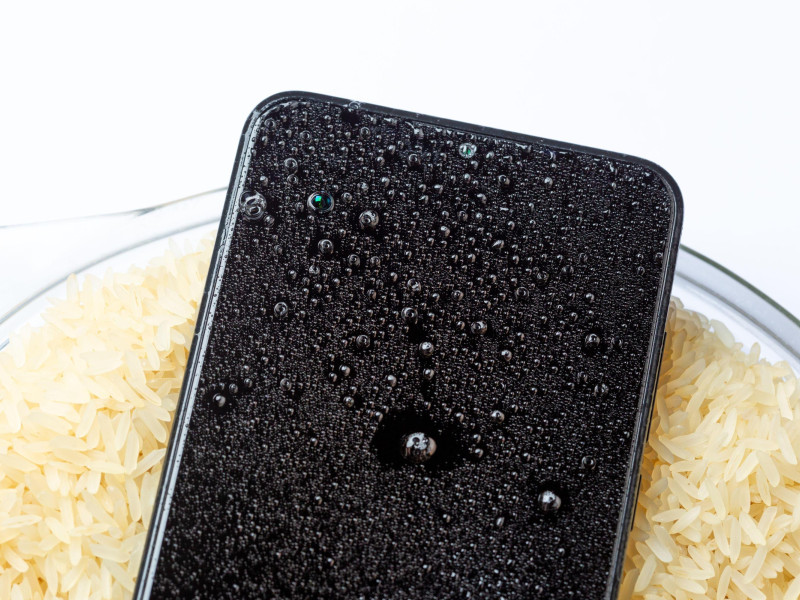 Un teléfono móvil mojado secándose en un bol con arroz