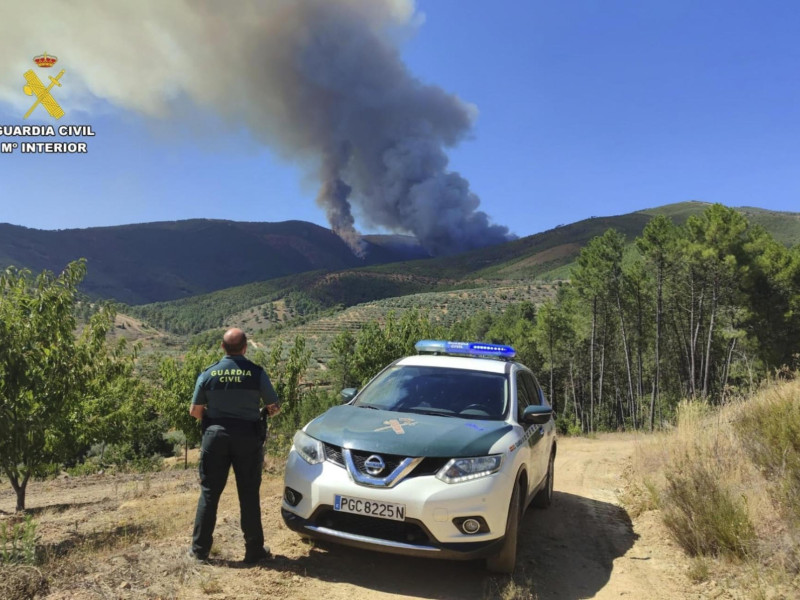 Un agente de la Guardia Civil observa el incendio forestal de Las Hurdes (Cáceres)