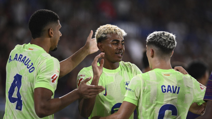 Lamine Yamal y Gavi celebra un gol del Barça