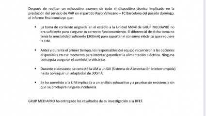 Comunicado de la empresa Mediapro sobre lo ocurrido en el Rayo-Barcelona con el VAR