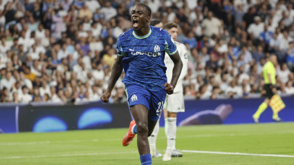 Weah celebra el 0-1 el Olympique al Real Madrid