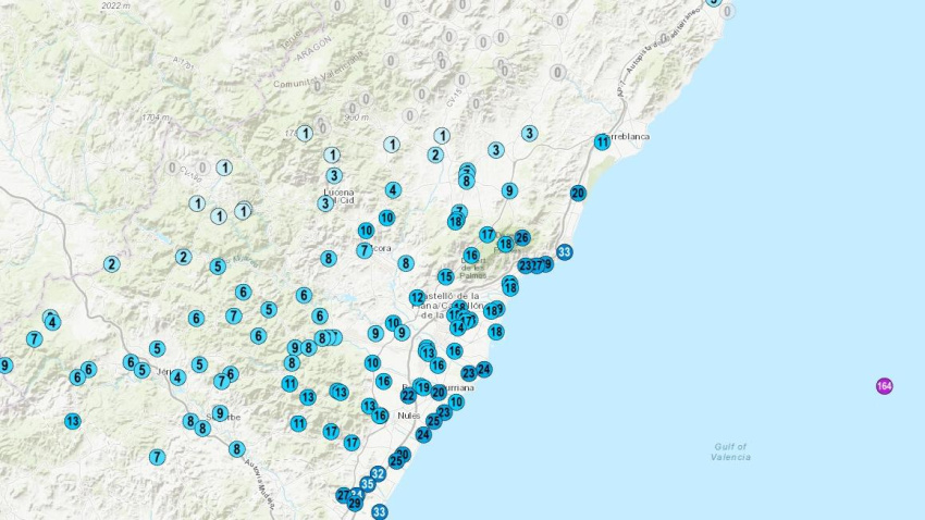 Lluvias recogidas hasta las 9:00 horas en la red de estaciones de Avamet en Castellón