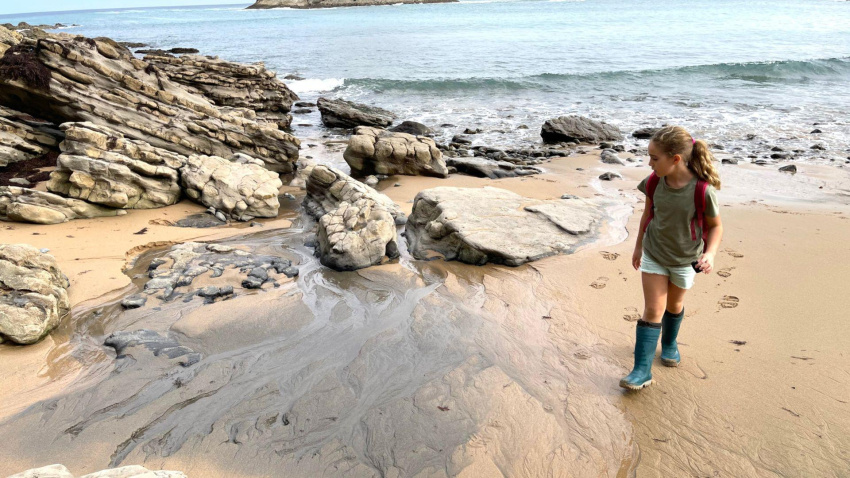 Una niña voluntaria observa un vertido en una playa cántabra