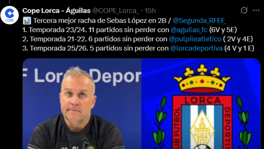 Sebas López, entrenador del CF Lorca Deportiva, encadena su tercera mejor racha en los banquillos de Segunda RFEF