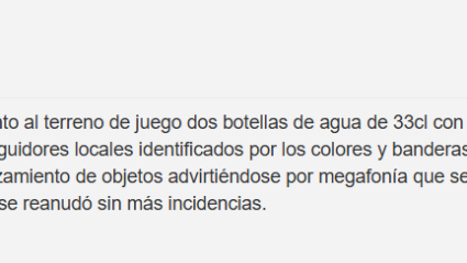 Parte del acta arbitral donde se refleja el lanzamiento de botellas