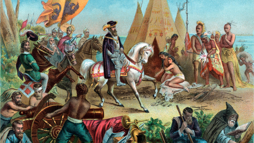 Grabado de De Soto descubriendo Misisipi