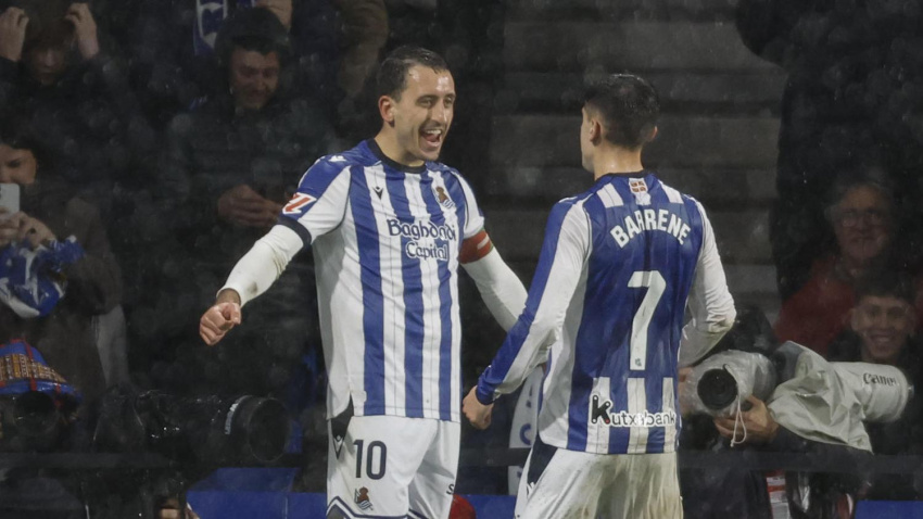 Mikel Oyarzabal celebra el 1-0 de la Real Sociedad contra el Celta