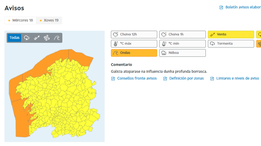 Captura de MeteoGalicia con el mapa de avisos para este miércoles