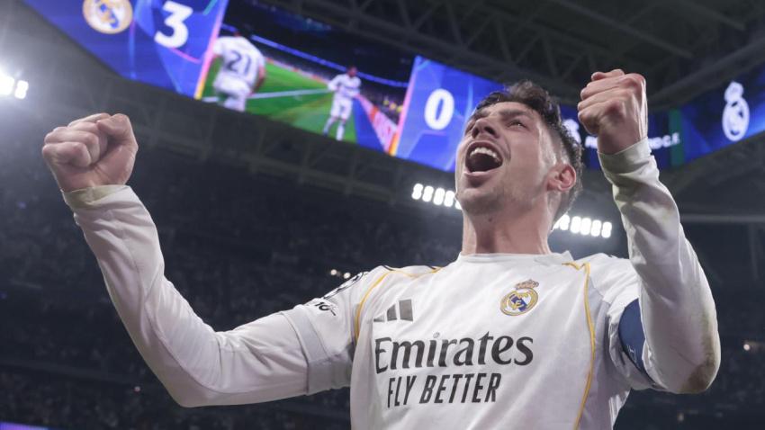 Fede Valverde celebra su tercer gol ante el Manchester City este miércoles.