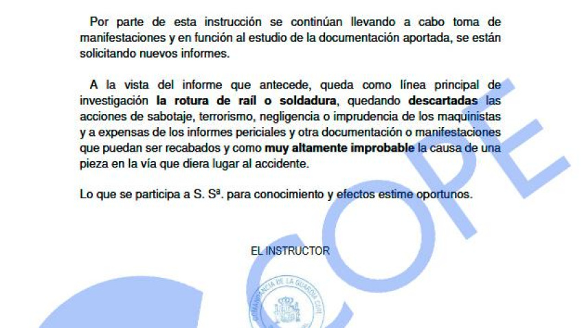 Una de las páginas del informe de la Guardia Civil, al que ha tenido acceso COPE, sobre el accidente de Adamuz constatando que se produjo la rotura del raíl o soldadura