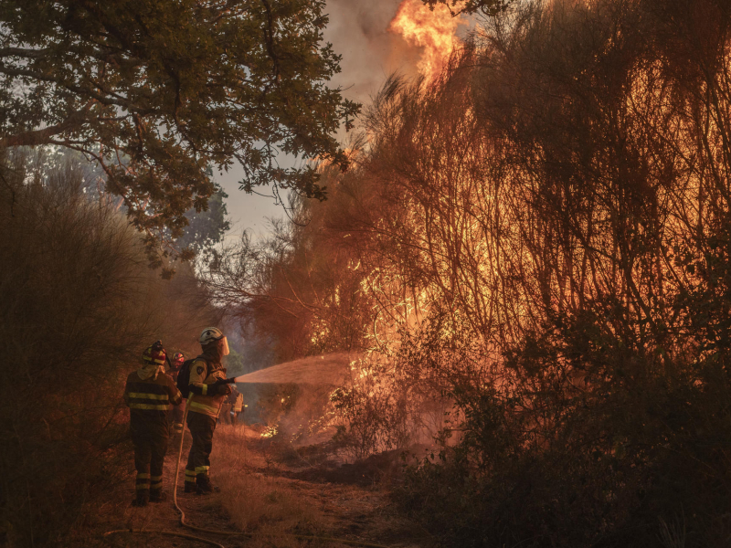 Varios bomberos trabajan en un incendio activo en San Cristovo de Cea (Ourense)