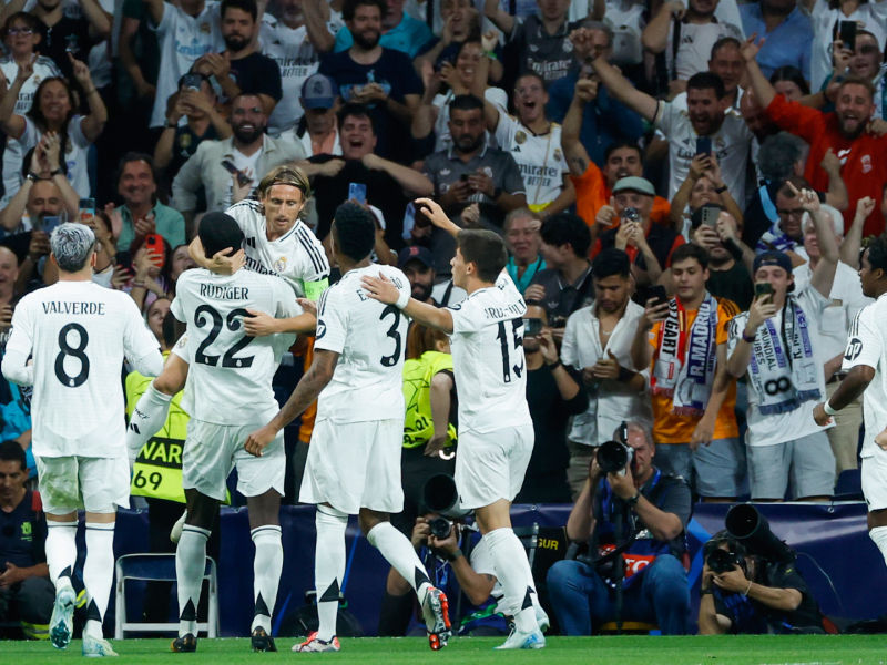 El Real Madrid celebra el gol de Rudiger al Stuttgar en la Liga de Campeones