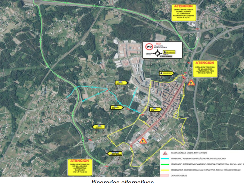 Mapa con las alternativas de tráfico que se establecen a la circulación en Milladoiro