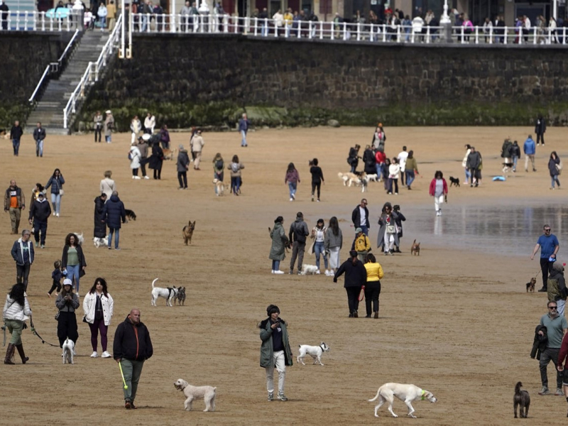 Gente paseando con sus perros en la playa de San Lorenzo de Gijón