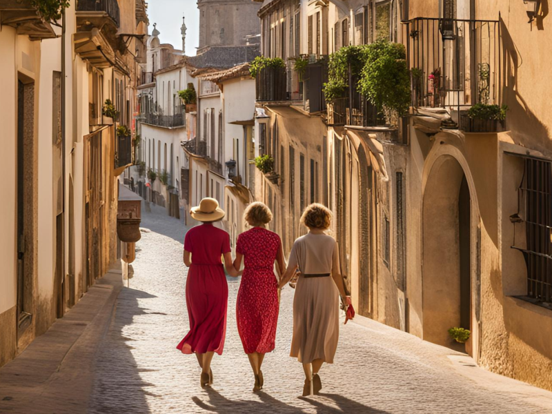 Señoras pasean por un pueblo de España