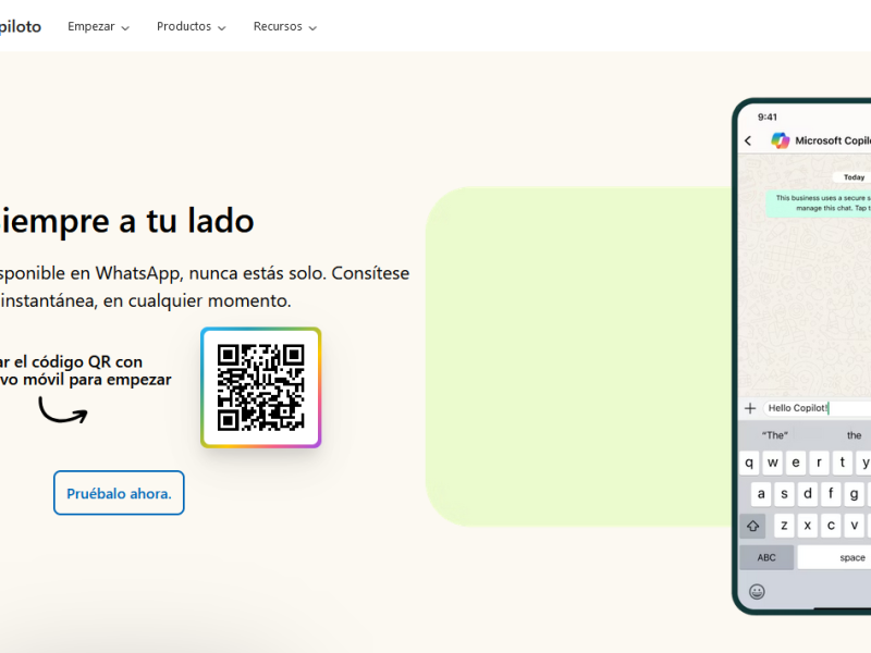 Página de inicio para instalar Copilot, la IA de Microsoft, en tu WhatsApp