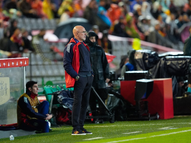 Luis de la Fuente, entrenador en jefe de España, observa durante el partido del Grupo A4 de la Liga A de las Naciones de la UEFA 2024/25 entre España y Serbia en el estadio Nuevo Arcángel el 15 de octubre de 2024, en Córdoba, España.