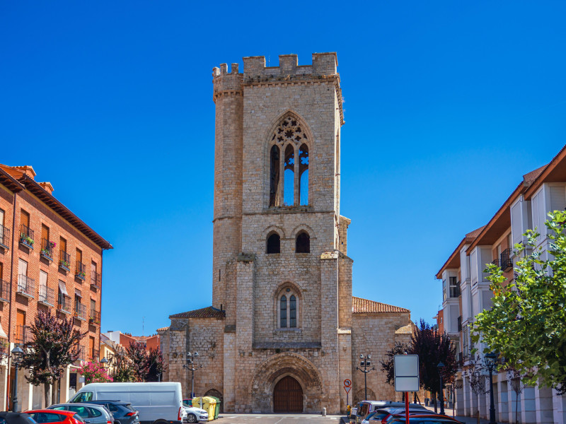 Paisaje de Palencia que muestra un antiguo campanario y edificios genéricos