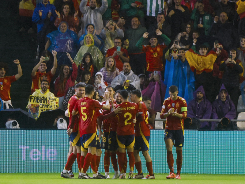 CÓRDOBA, 15/10/2024.- El delantero de la selección española Joselu se interesa por el defensa de Serbia, Nikola Milenkovic, durante el partido correspondiente a la fase de grupos de la Liga de Naciones que las selecciones de España y Serbia disputan este martes en el estadio Nuevo Arcángel, en Córdoba. EFE/Julio Muñoz