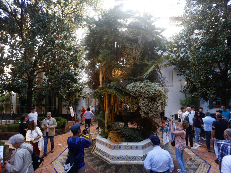 CÓRDOBA, 19/10/2024.- Visitantes contemplan la instalación 'Entre magnolios' ubicada en patio del Reloj de la Diputación de Córdoba, que ha logrado el primer premio en el VII Festival de las Flores de Córdoba 'Flora 2024', este sábado. EFE/Salas