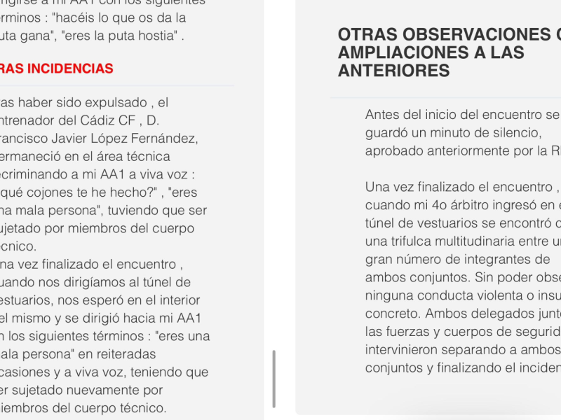 Acta arbitral del Sporting - Cádiz