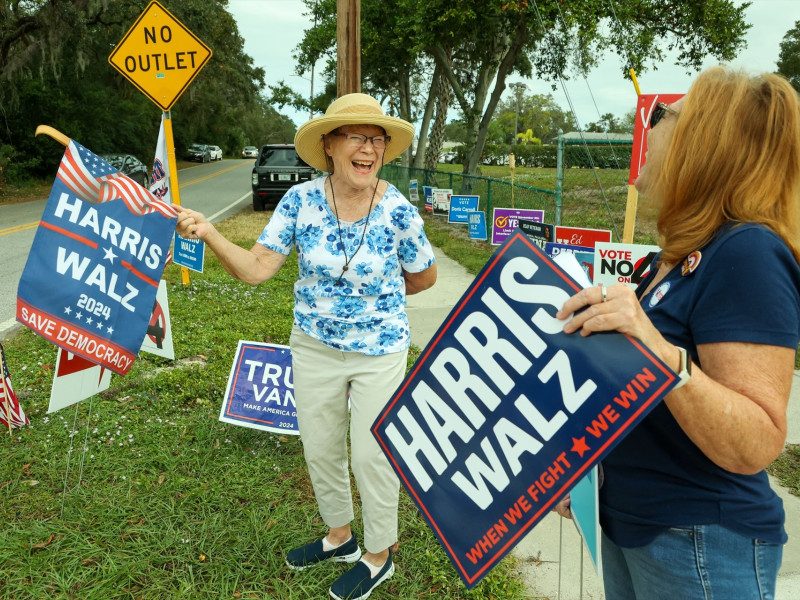 La gente se manifiesta en apoyo a la vicepresidenta estadounidense y candidata presidencial demócrata Kamala Harris y a Tim Walz, gobernador de Minnesota y candidato a vicepresidente, en el centro de Palm Harbor durante las elecciones presidenciales estadounidenses de 2024.